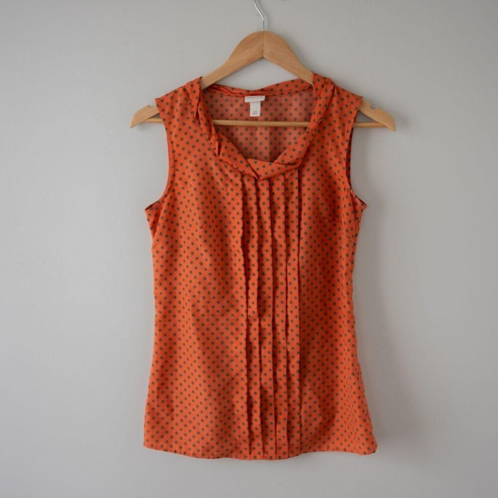Orange Pleated Folded Neck Sleeveless Retro Polka Dotted 60s Mod Womens top